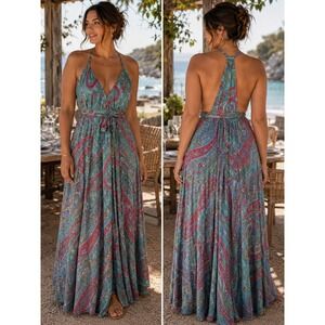Advance Maxi Dress Womens One Size Teal Pink Paisley Silk Blend V-Neck Open Back